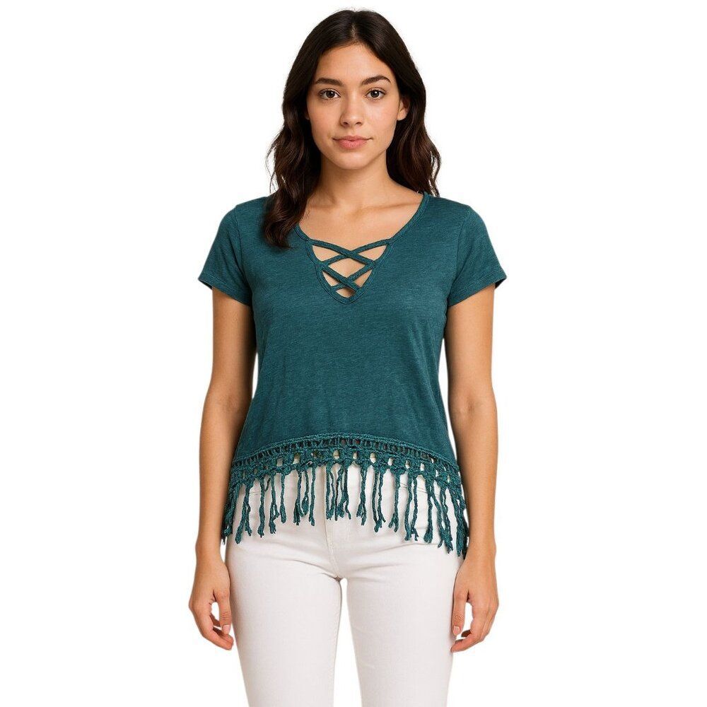 Rue 21 Top T Shirt Tassel Dark Teal Cap Sleeves Junior's WOMEN'S EXTRA SMALL